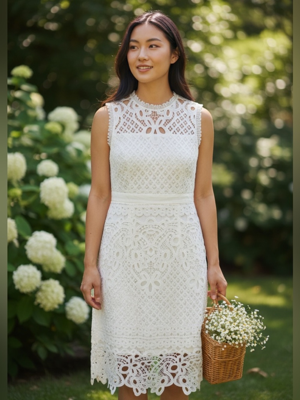 Tahari White Sleeveless Lace Midi Dress